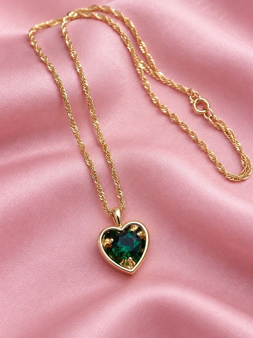 14k. Laminated Gold Heart Pendant Necklace with Green Gem - Women's Jewelry
